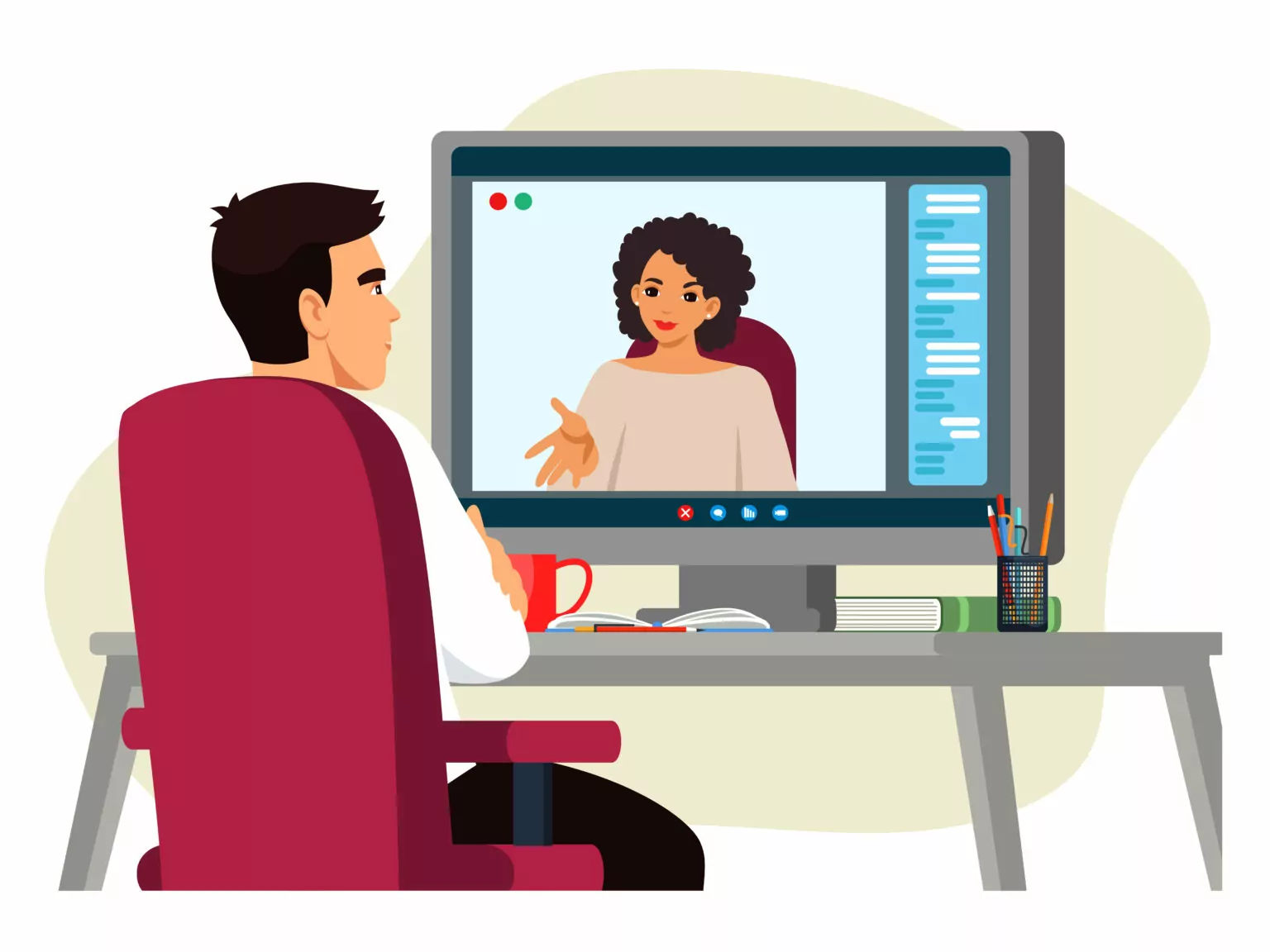 Woman and man talking at online video call, communication via computer screen illustration. Workers talking on videoconference with cup and books, virtual digital meeting.
