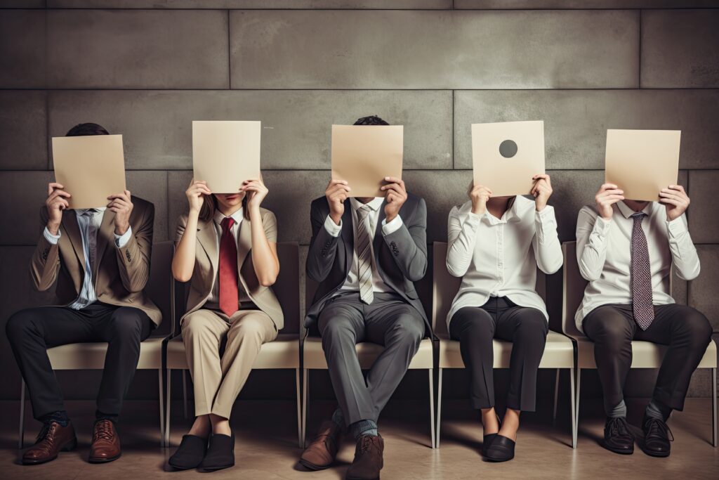 Group Business People Sitting Chairs Covering Their Faces With Paper Young People Hiding Their Faces Paper Sheets With Question Marks While Waiting Job Ai Generated